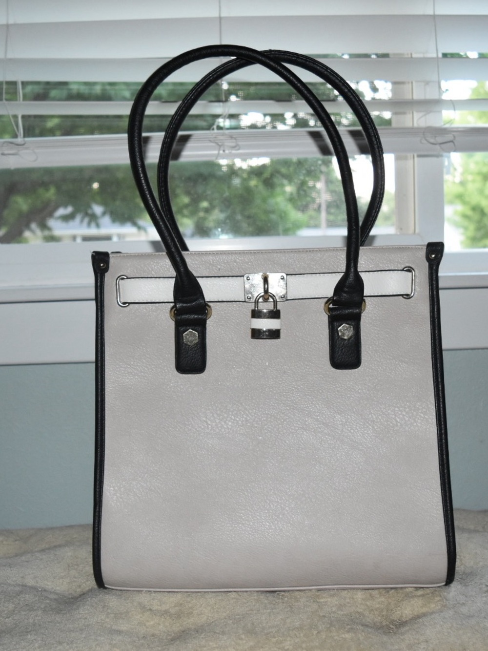 Black & Cream Structured Satchel Tote Crossbody Bag Padlock
